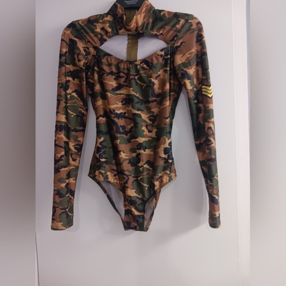 "Foreplay" Womens Open Bust Turtle Neck/back Zip Bodysuit. Sz. M/L Grn Tan Brown